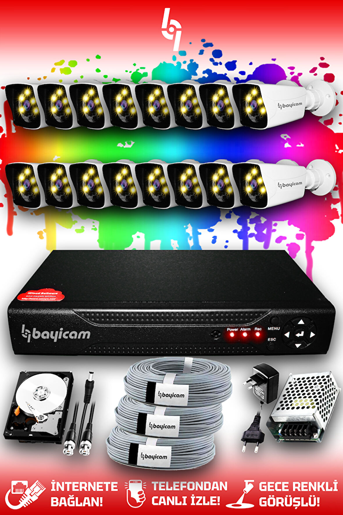 BAYICAM 16 Kameralı Kare 16 Dış Kamera Set 320 GB HDD Full HD Renkli Gece Görüşlü Güvenlik Kamerası Sistemi