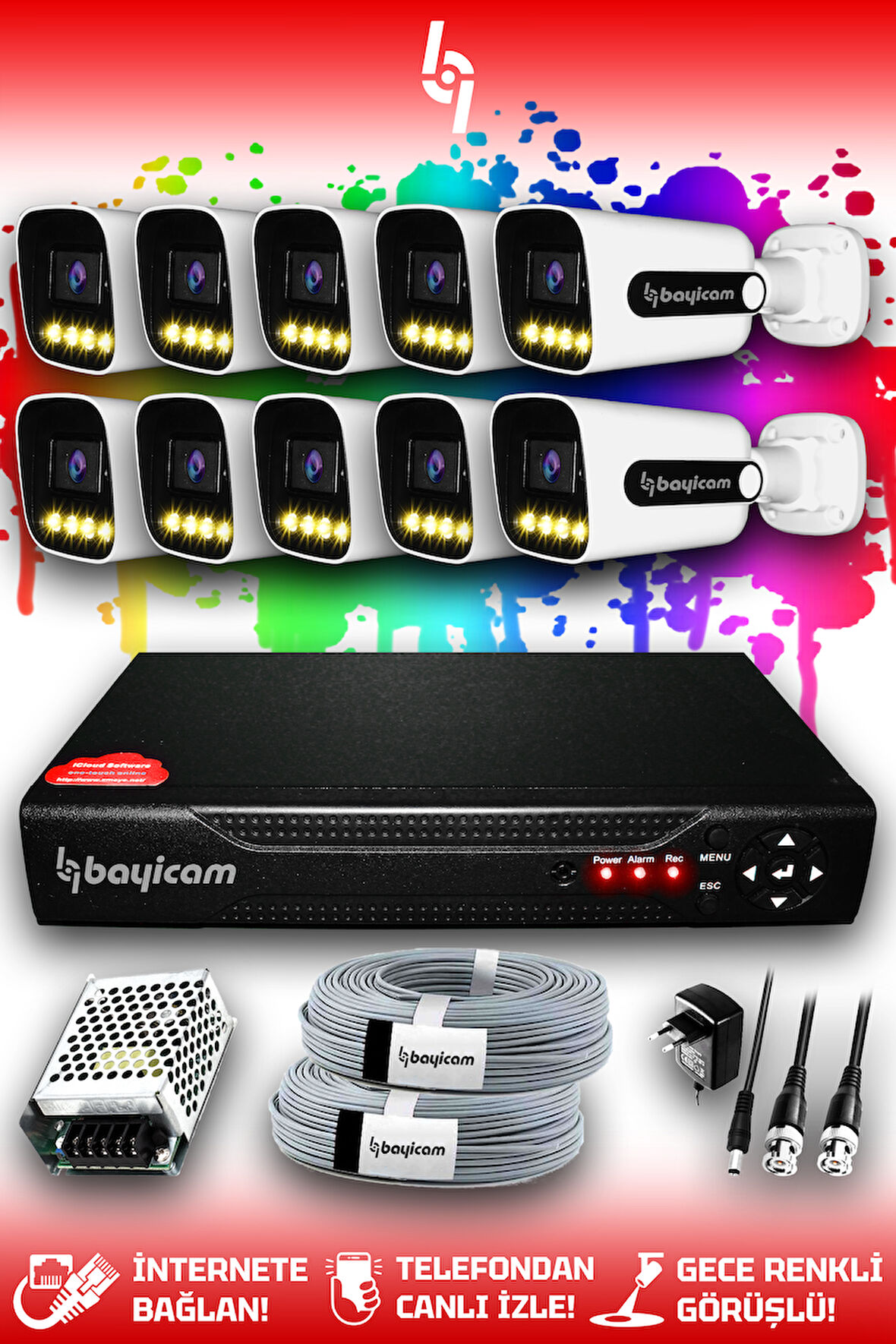 BAYICAM 10 Kameralı Zebra 10 Dış Kamera Set HDD'siz Full HD Renkli Gece Görüşlü Güvenlik Kamerası Sistemi