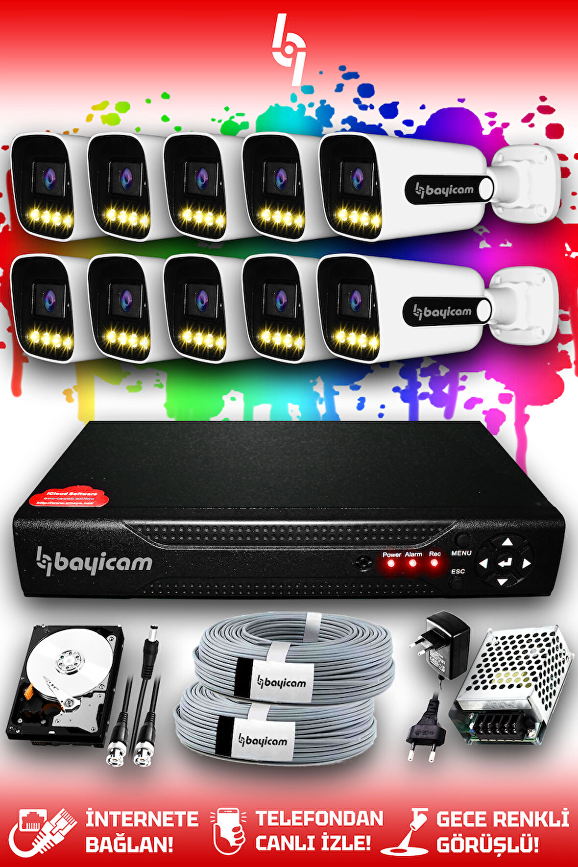 BAYICAM 10 Kameralı Zebra 10 Dış Kamera Set 100 GB HDD Full HD Renkli Gece Görüşlü Güvenlik Kamerası Sistemi