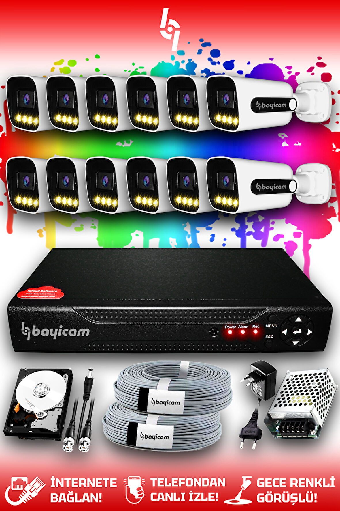 BAYICAM 12 Kameralı Zebra 12 Dış Kamera Set 320 GB HDD Full HD Renkli Gece Görüşlü Güvenlik Kamerası Sistemi