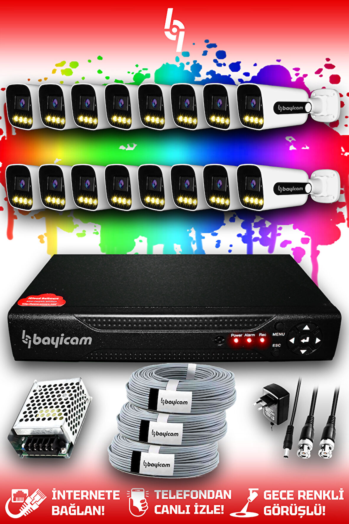 BAYICAM 16 Kameralı Zebra 16 Dış Kamera Set HDD'siz Full HD Renkli Gece Görüşlü Güvenlik Kamerası Sistemi