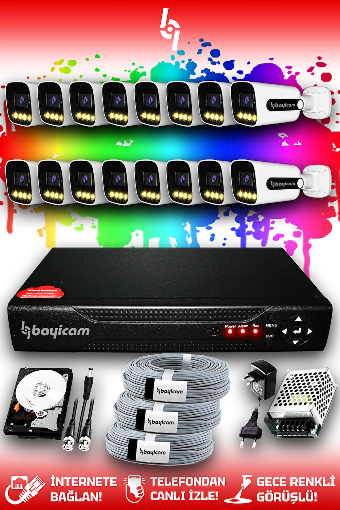 BAYICAM 16 Kameralı Zebra 16 Dış Kamera Set 100 GB HDD Full HD Renkli Gece Görüşlü Güvenlik Kamerası Sistemi
