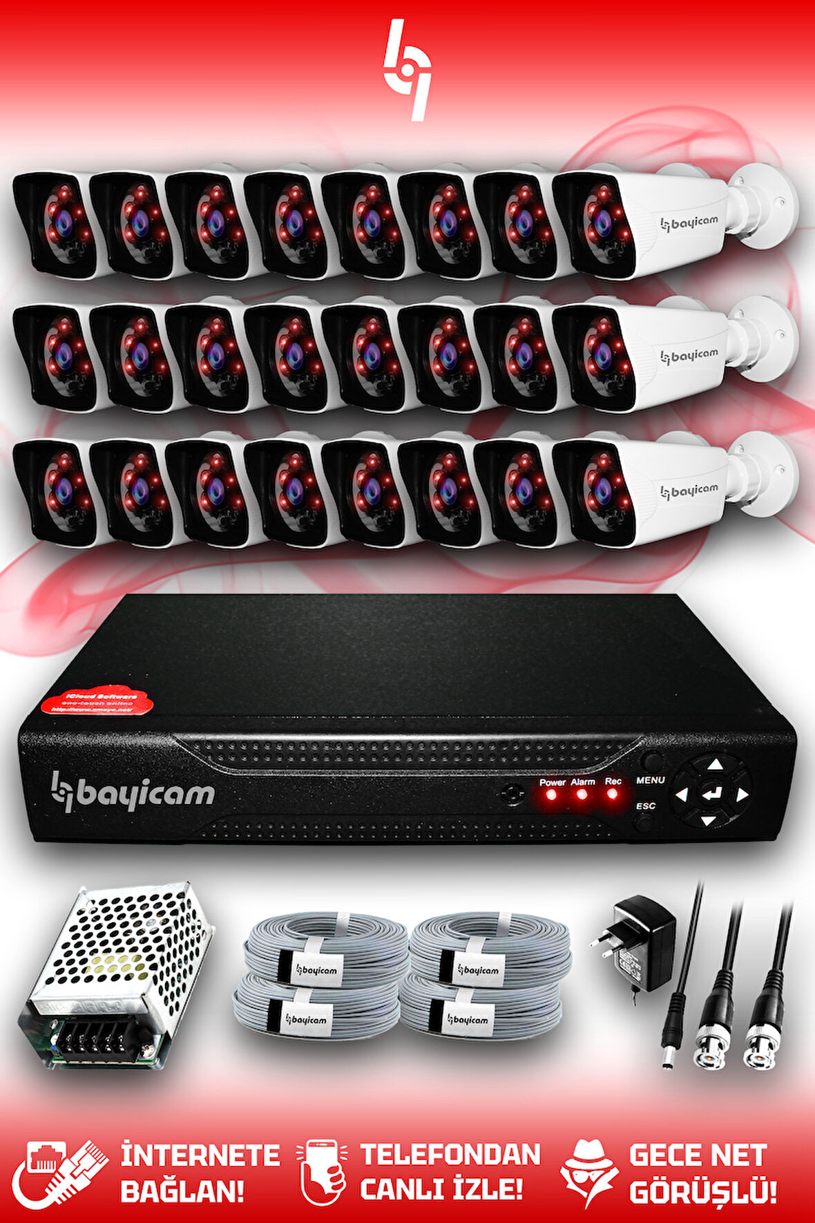 BAYICAM 24 Kameralı Kare 24 Dış Kamera Set HDD'siz Full HD Gece Görüşlü Güvenlik Kamerası Sistemi