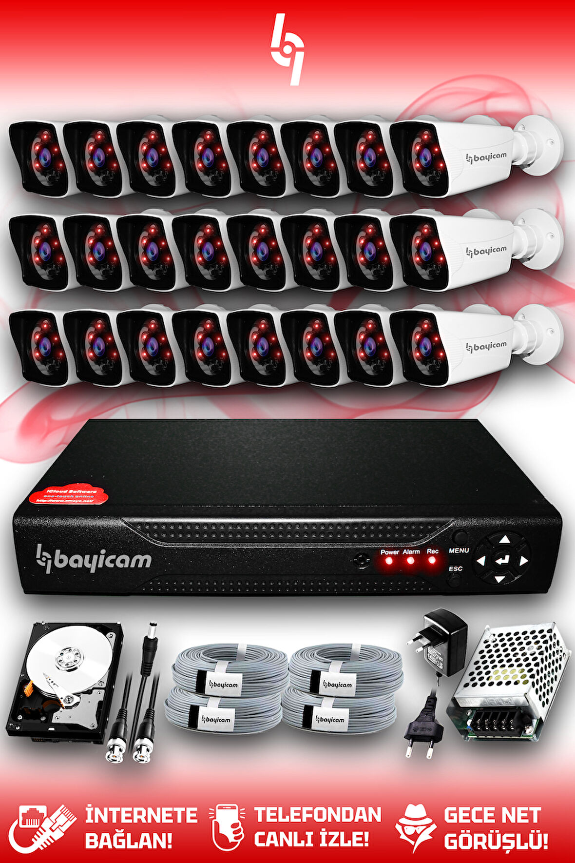 BAYICAM 24 Kameralı Kare 24 Dış Kamera Set 2 TB HDD Full HD Gece Görüşlü Güvenlik Kamerası Sistemi