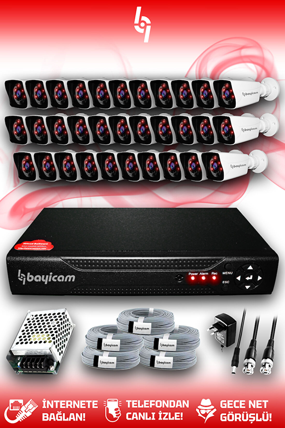 BAYICAM 32 Kameralı Kare 32 Dış Kamera Set HDD'siz Full HD Gece Görüşlü Güvenlik Kamerası Sistemi