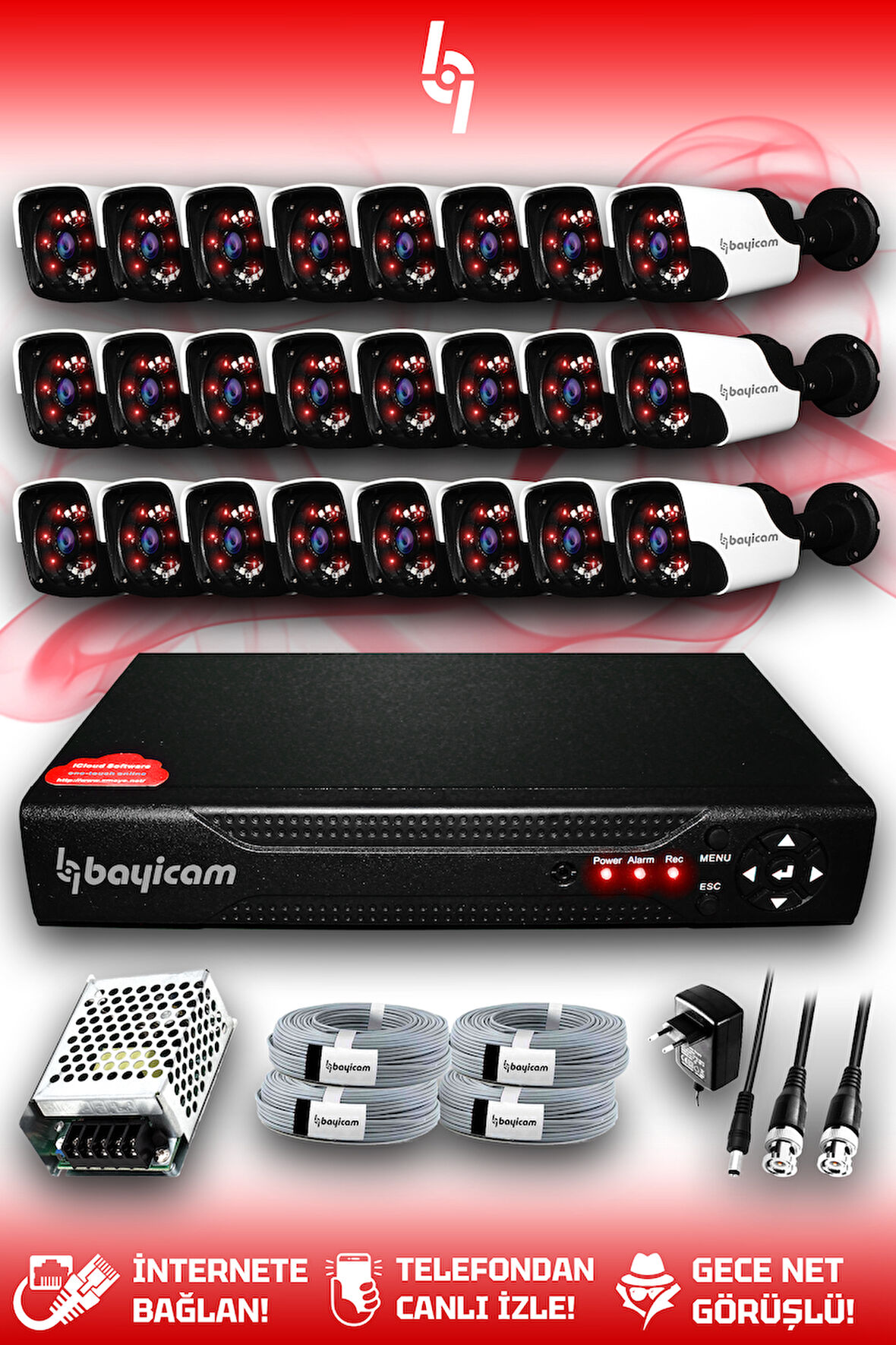 BAYICAM 24 Kameralı Panda 24 Dış Kamera Set HDD'siz Full HD Gece Görüşlü Güvenlik Kamerası Sistemi