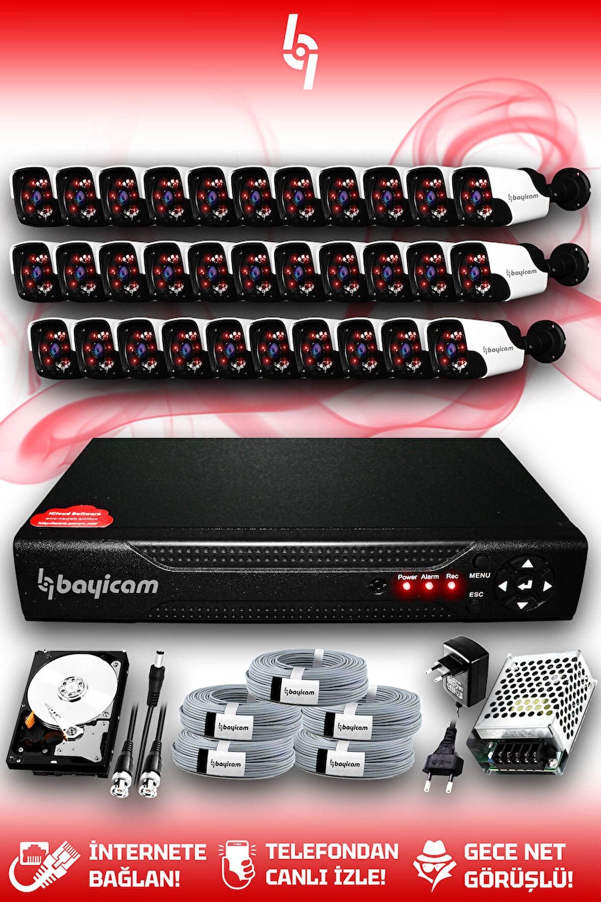 BAYICAM 32 Kameralı Panda 32 Dış Kamera Set 500 GB HDD Full HD Gece Görüşlü Güvenlik Kamerası Sistemi