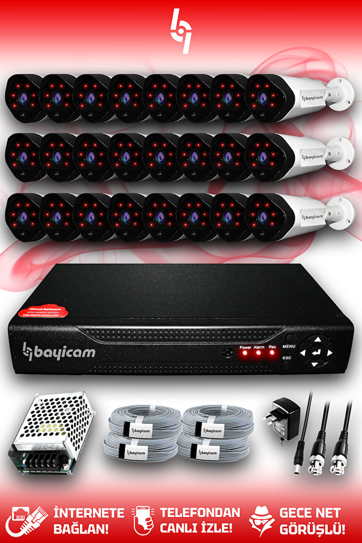 BAYICAM 24 Kameralı Uzay 24 Dış Kamera Set HDD'siz Full HD Gece Görüşlü Güvenlik Kamerası Sistemi