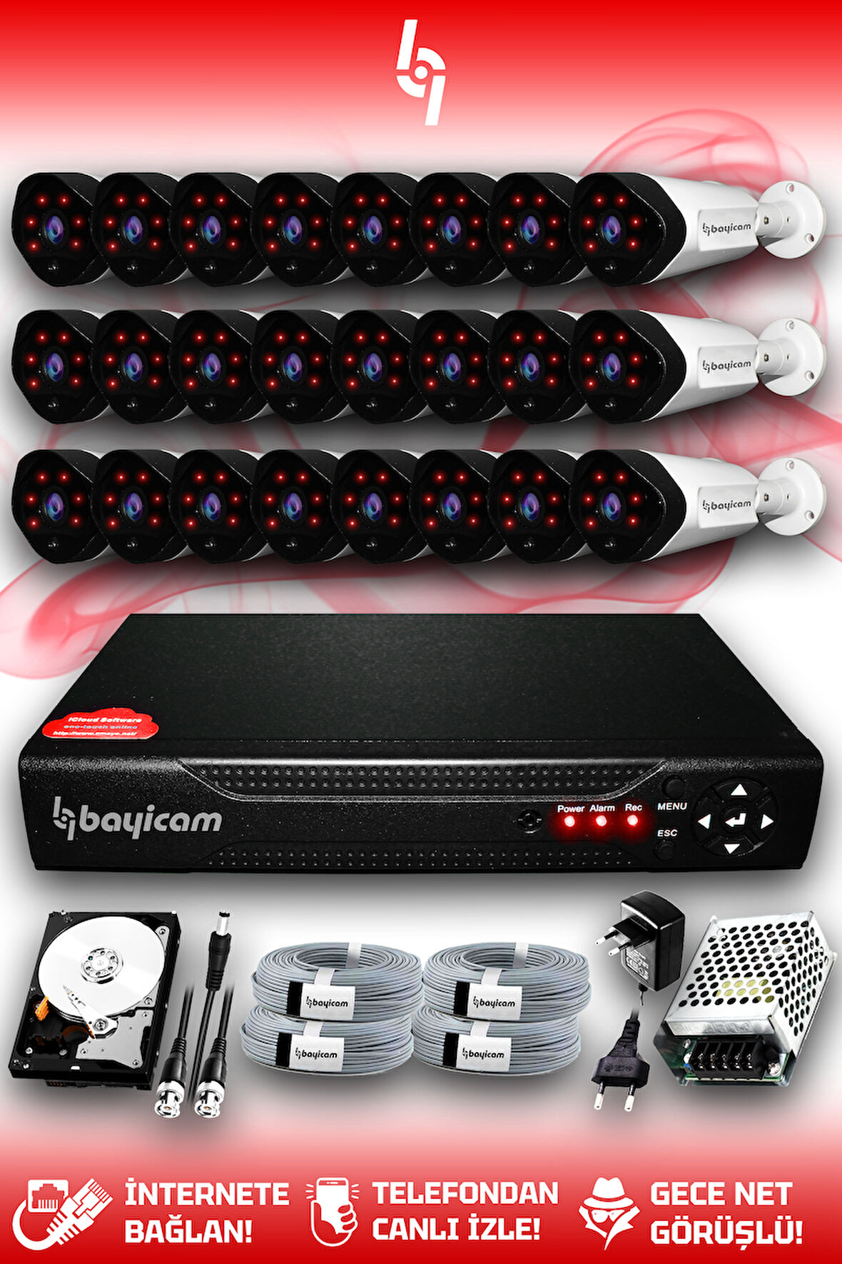 BAYICAM 24 Kameralı Uzay 24 Dış Kamera Set 2 TB HDD Full HD Gece Görüşlü Güvenlik Kamerası Sistemi