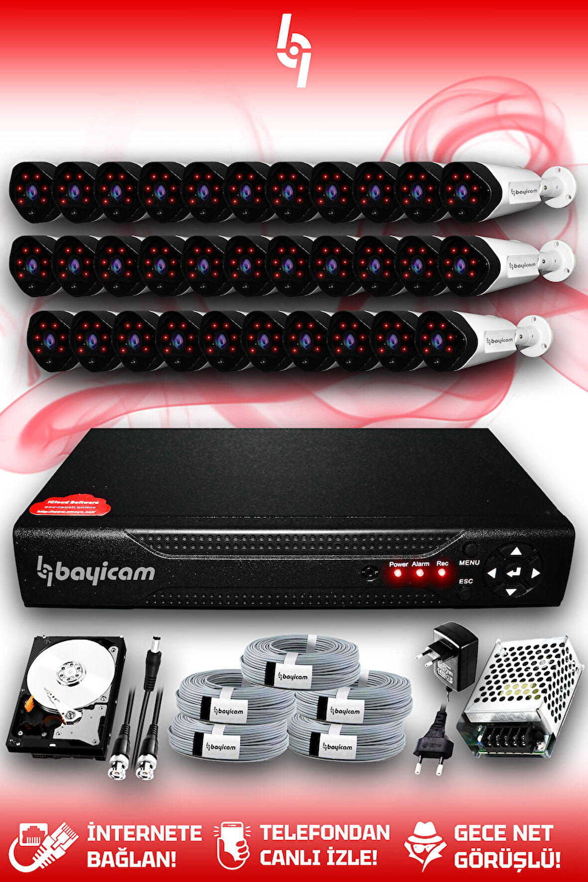 BAYICAM 32 Kameralı Uzay 32 Dış Kamera Set 500 GB HDD Full HD Gece Görüşlü Güvenlik Kamerası Sistemi