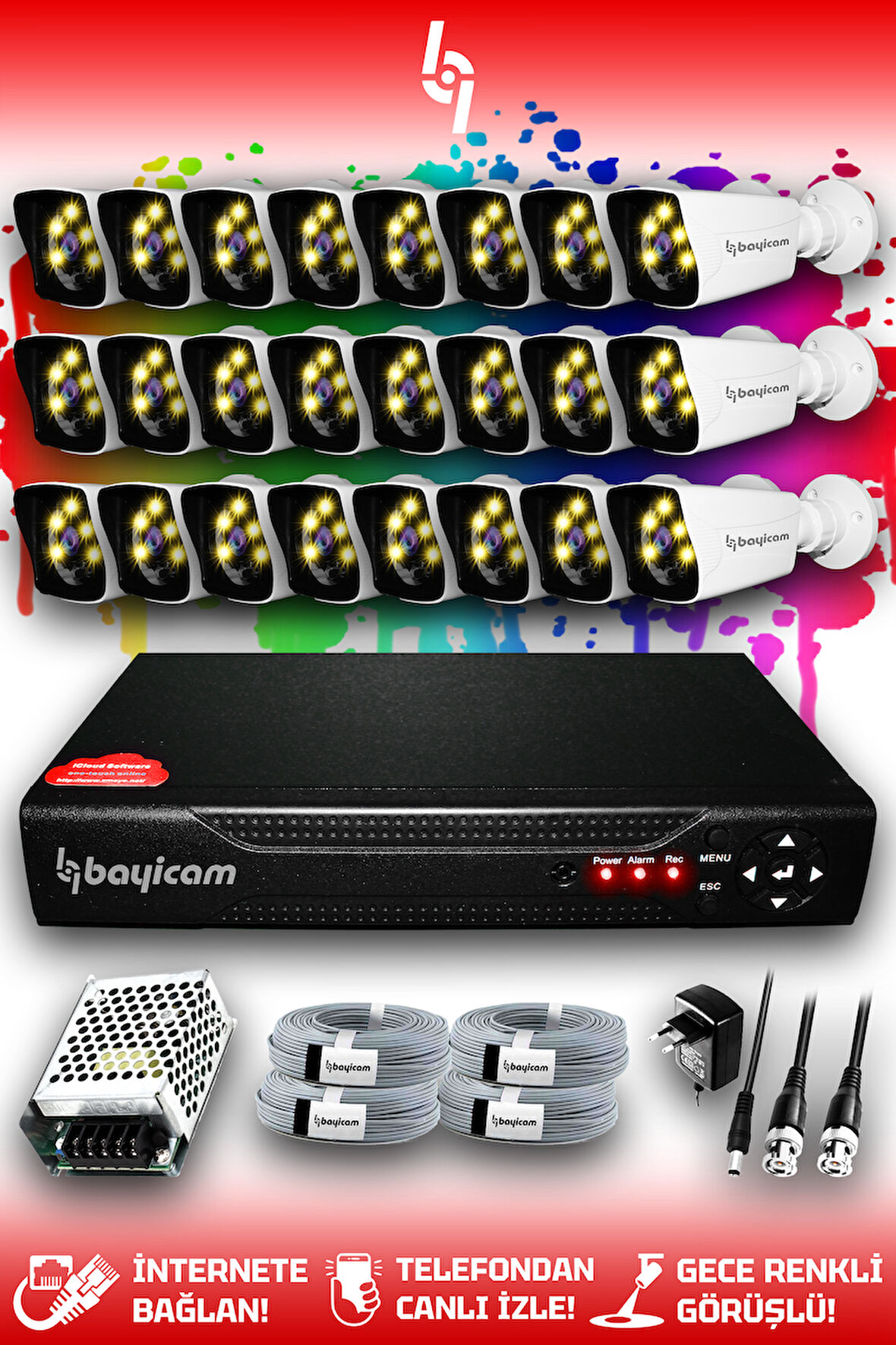 BAYICAM 24 Kameralı Kare 24 Dış Kamera Set HDD'siz Full HD Renkli Gece Görüşlü Güvenlik Kamerası Sistemi