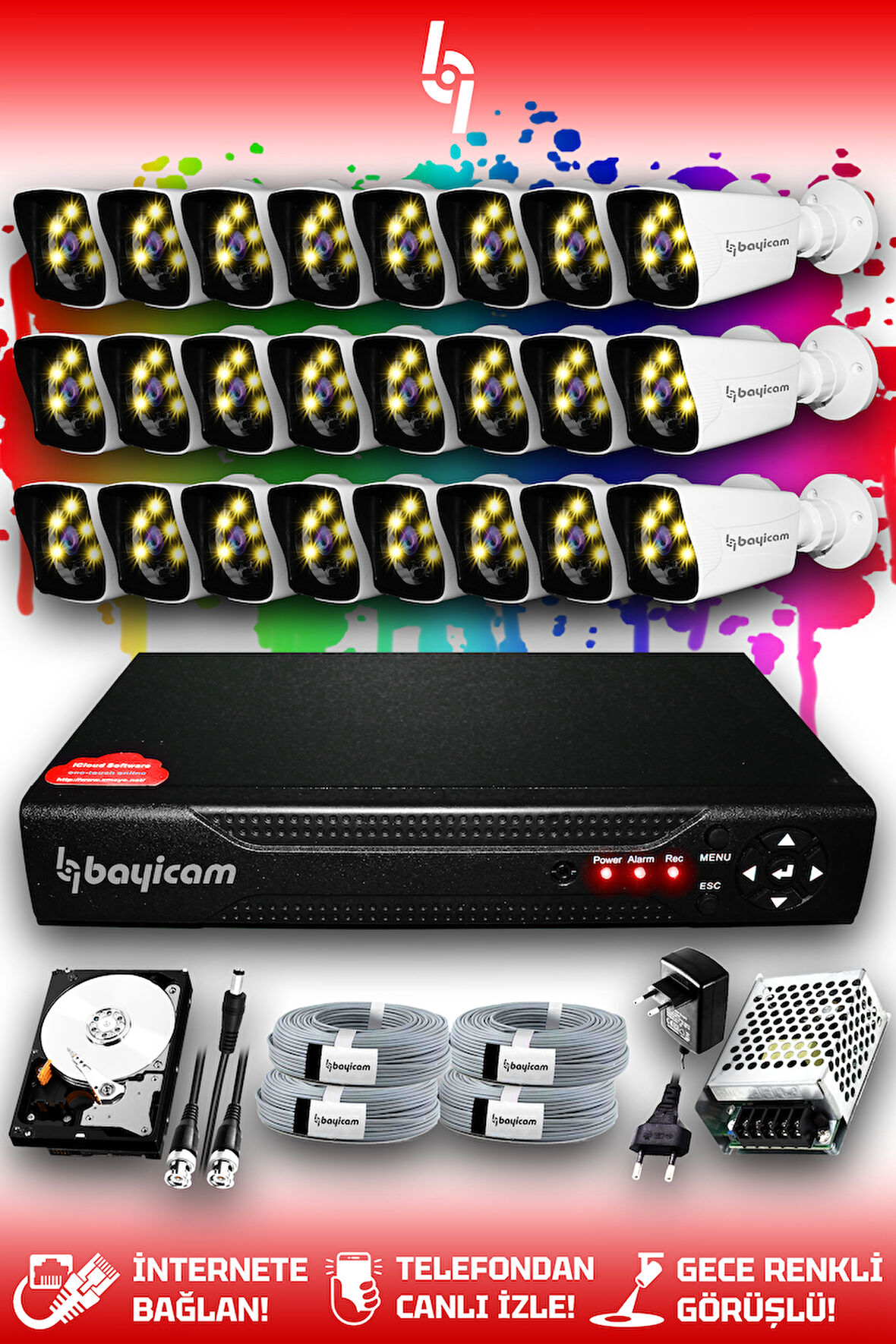 BAYICAM 24 Kameralı Kare 24 Dış Kamera Set 2 TB HDD Full HD Renkli Gece Görüşlü Güvenlik Kamerası Sistemi