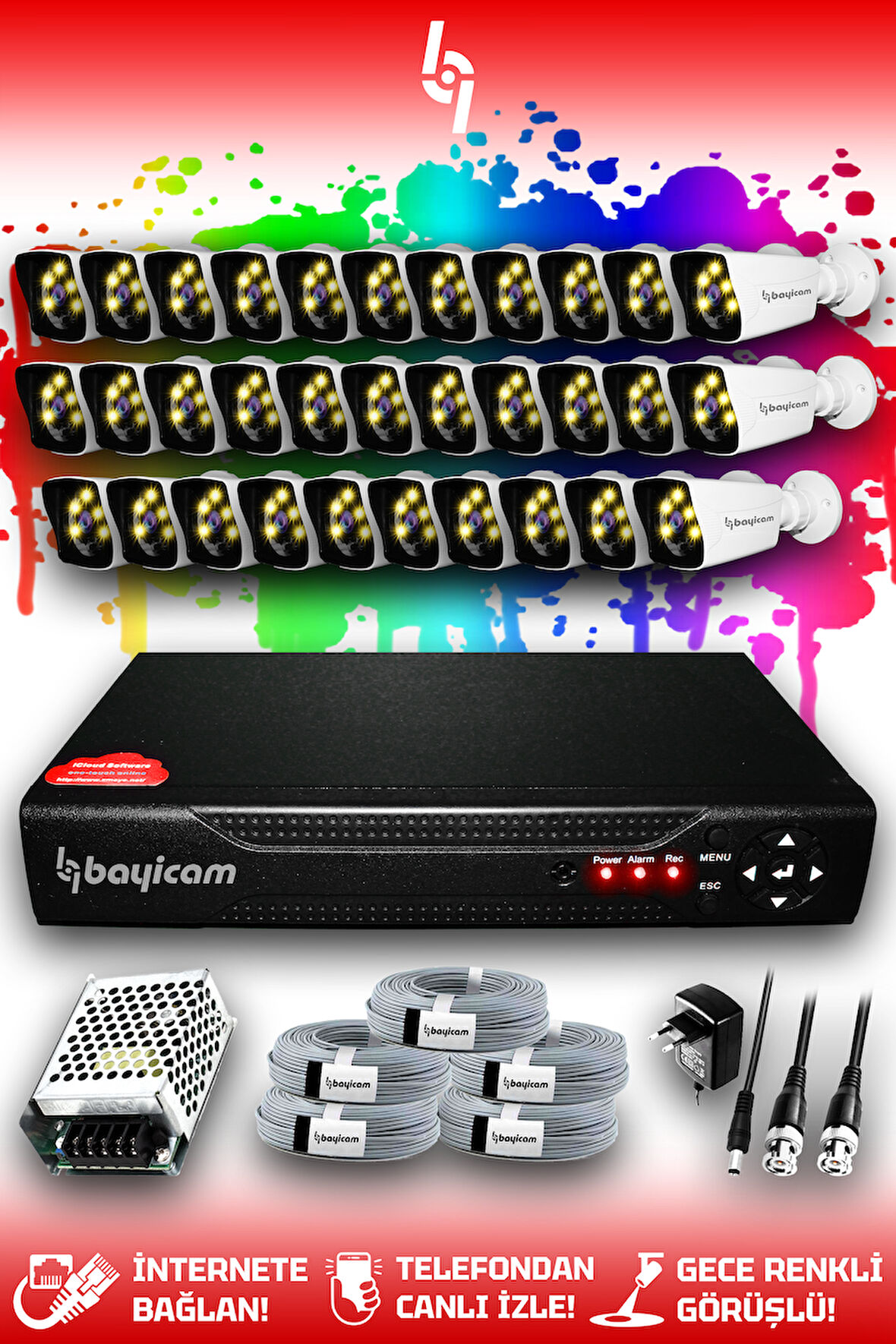 BAYICAM 32 Kameralı Kare 32 Dış Kamera Set HDD'siz Full HD Renkli Gece Görüşlü Güvenlik Kamerası Sistemi