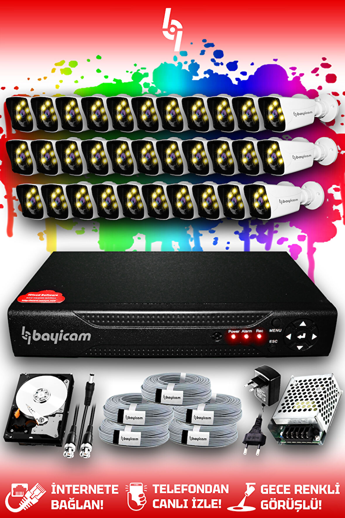 BAYICAM 32 Kameralı Kare 32 Dış Kamera Set 250 GB HDD Full HD Renkli Gece Görüşlü Güvenlik Kamerası Sistemi