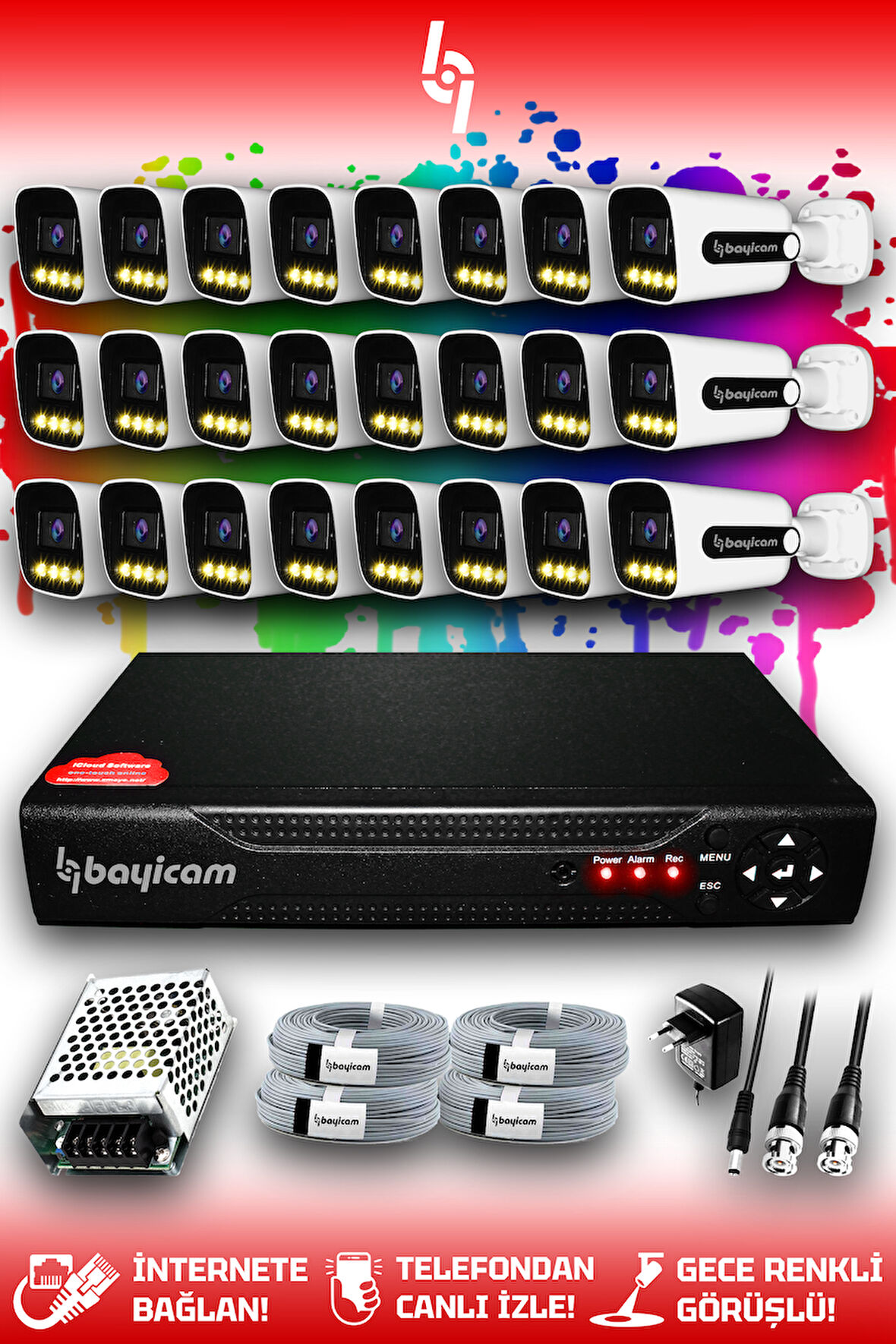 BAYICAM 24 Kameralı Zebra 24 Dış Kamera Set HDD'siz Full HD Renkli Gece Görüşlü Güvenlik Kamerası Sistemi