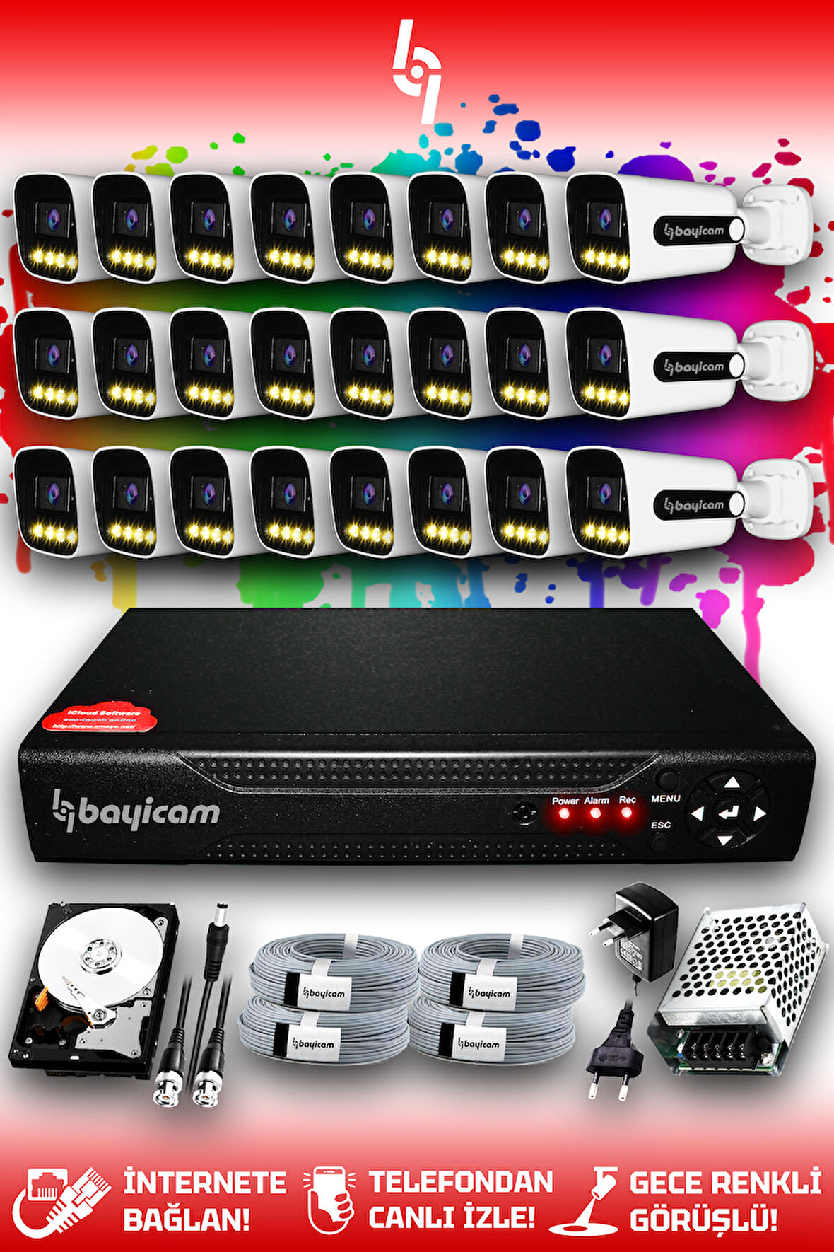 BAYICAM 24 Kameralı Zebra 24 Dış Kamera Set 2 TB HDD Full HD Renkli Gece Görüşlü Güvenlik Kamerası Sistemi