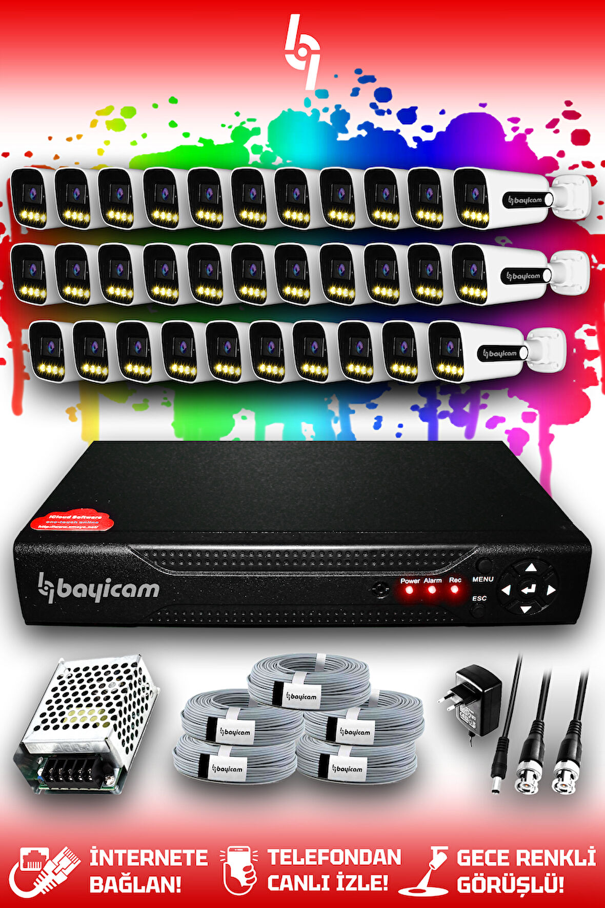 BAYICAM 32 Kameralı Zebra 32 Dış Kamera Set HDD'siz Full HD Renkli Gece Görüşlü Güvenlik Kamerası Sistemi