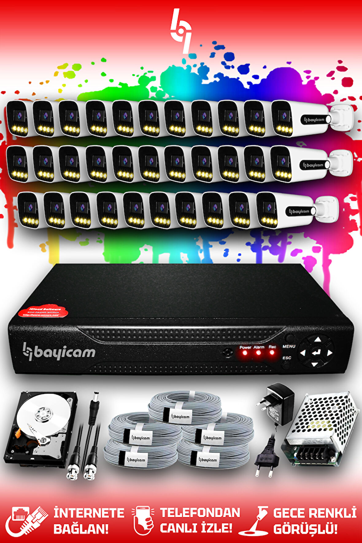 BAYICAM 32 Kameralı Zebra 32 Dış Kamera Set 250 GB HDD Full HD Renkli Gece Görüşlü Güvenlik Kamerası Sistemi