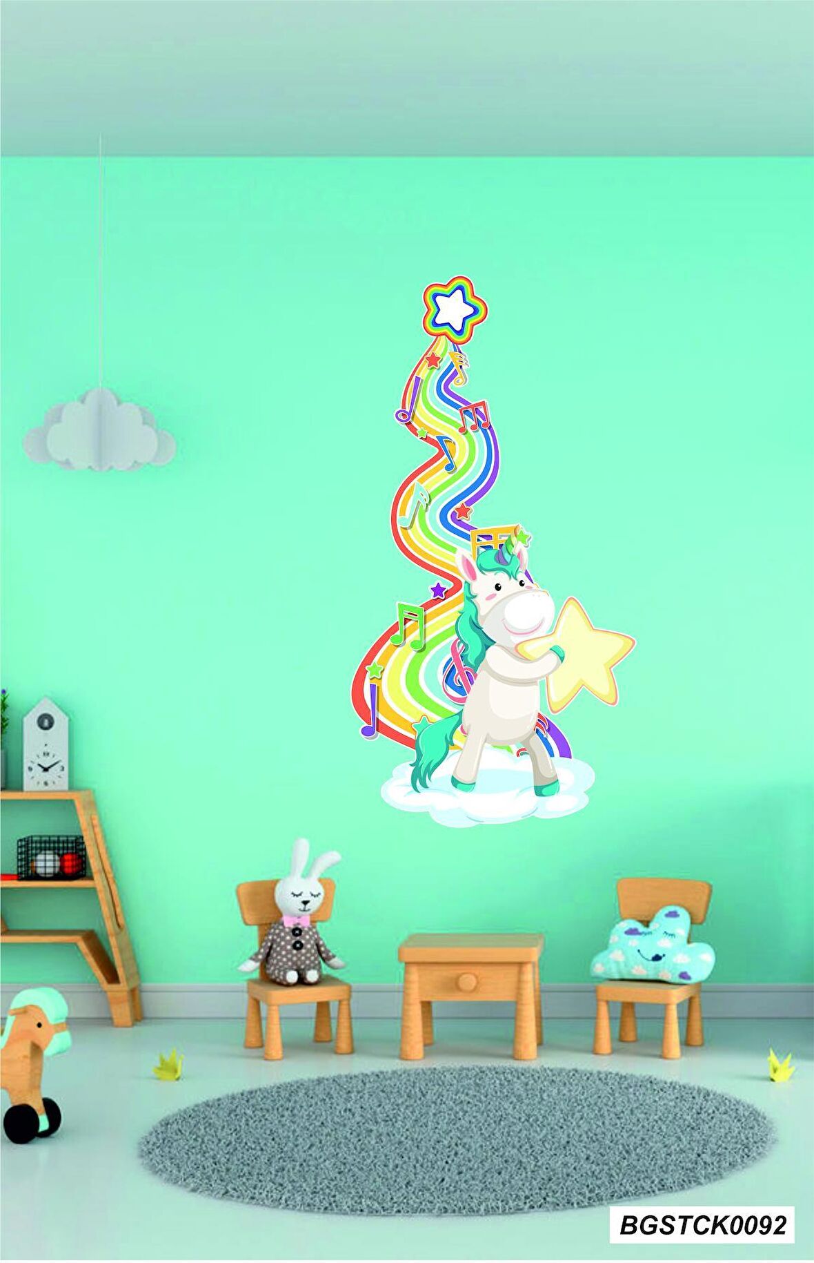 Bizerk Görsel Gökkuşağı Unicorn Tek Boynuzlu At Yıldız Bebek/Çocuk Odası Duvar Kapı Cam Sticker Seti