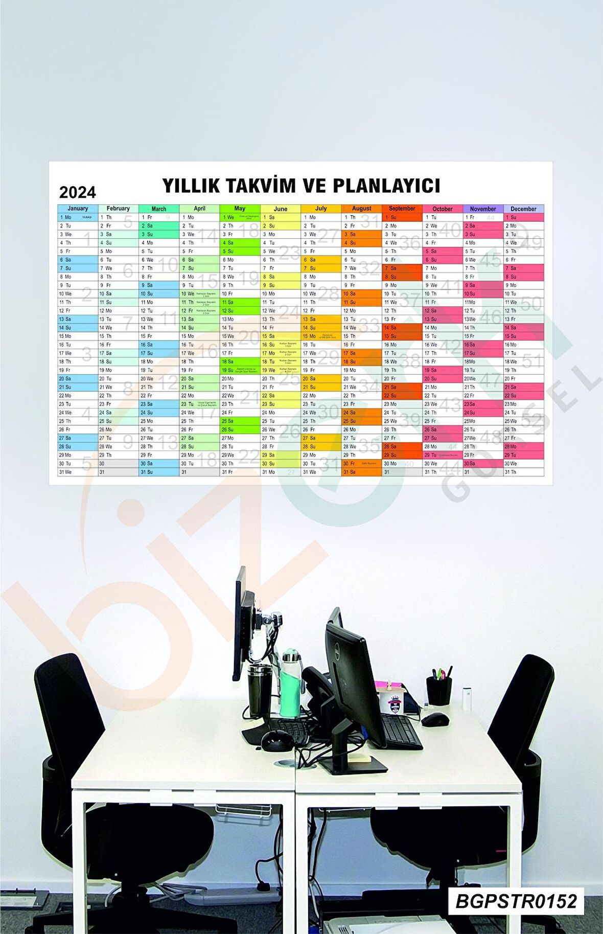 Bizerk Görsel 2024 Duvar Takvimi ve Yıllık Planlayıcı Yatay Laminasyonlu Sticker