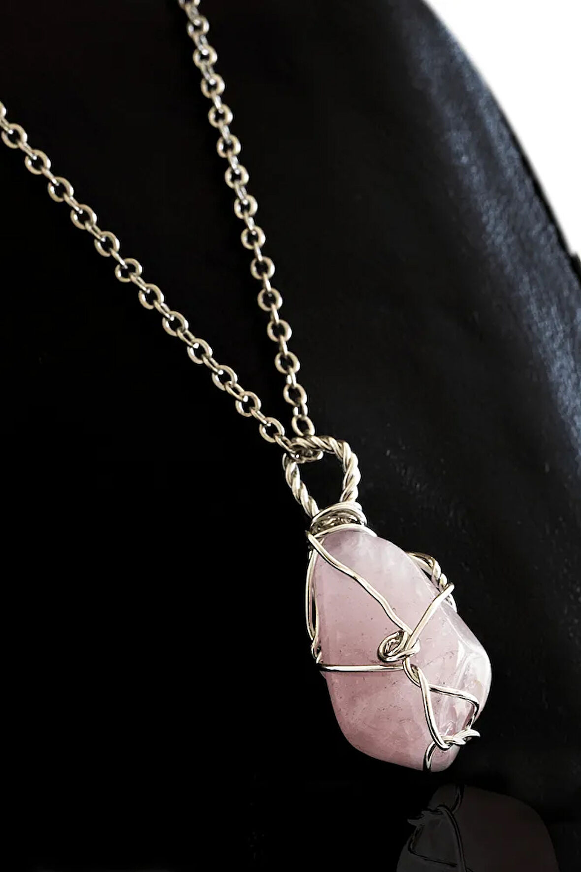 Sertifikalı Ham Işlenmemiş Tel Sargılı Doğal Açık Pembe Kuvars Taşı Kolye