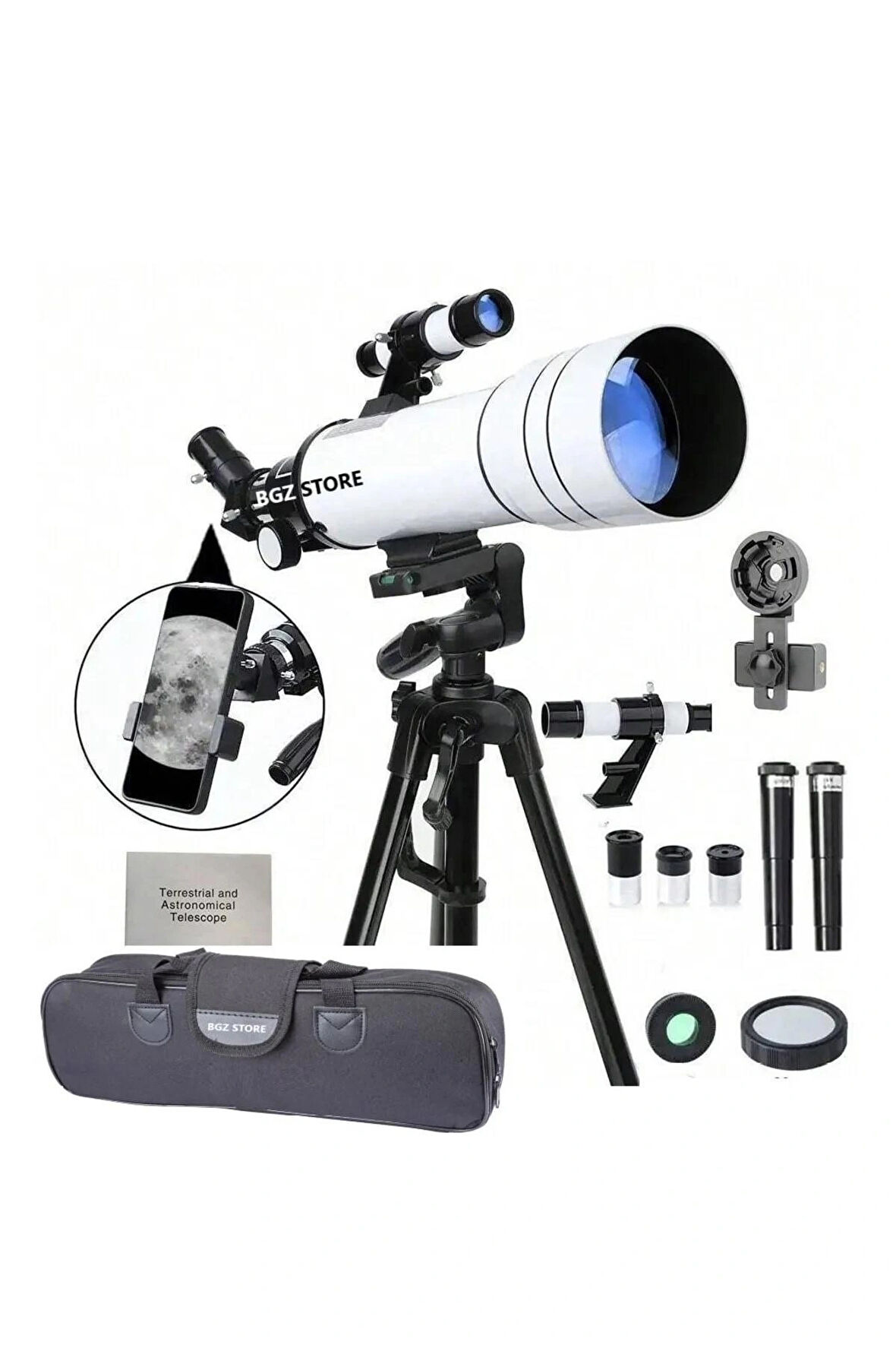 Teleskop 333x Çantalı Astronomik Gökyüzü Ay Doğa Teleskobu Tripod Telefon Tutucu Ay+Güneş Filtresi