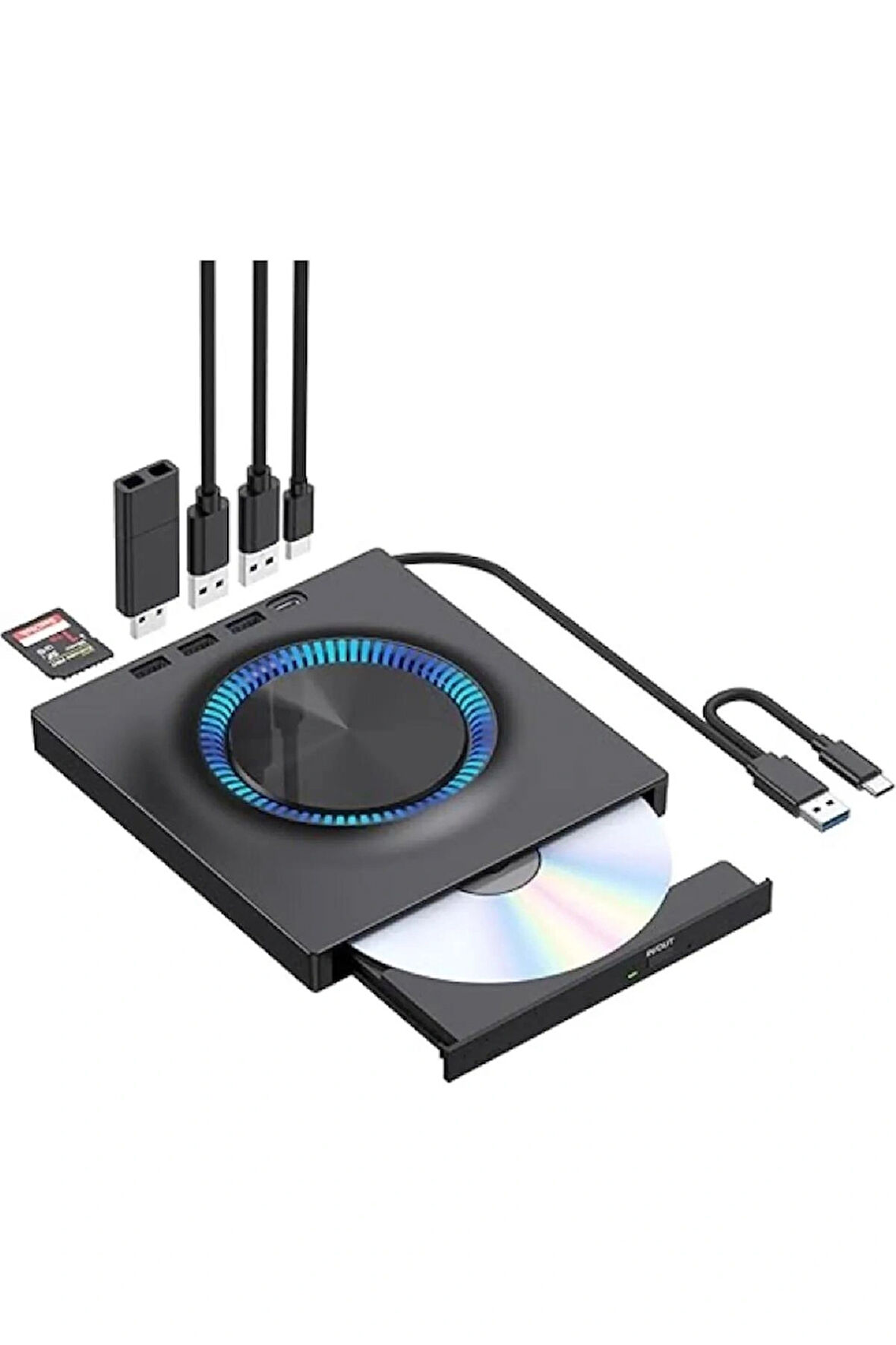 Harici DVD-RW CD/DVD Sürücü – USB-C/3.0, USB Hub ve SD Kart Girişli, Slim Taşınabilir
