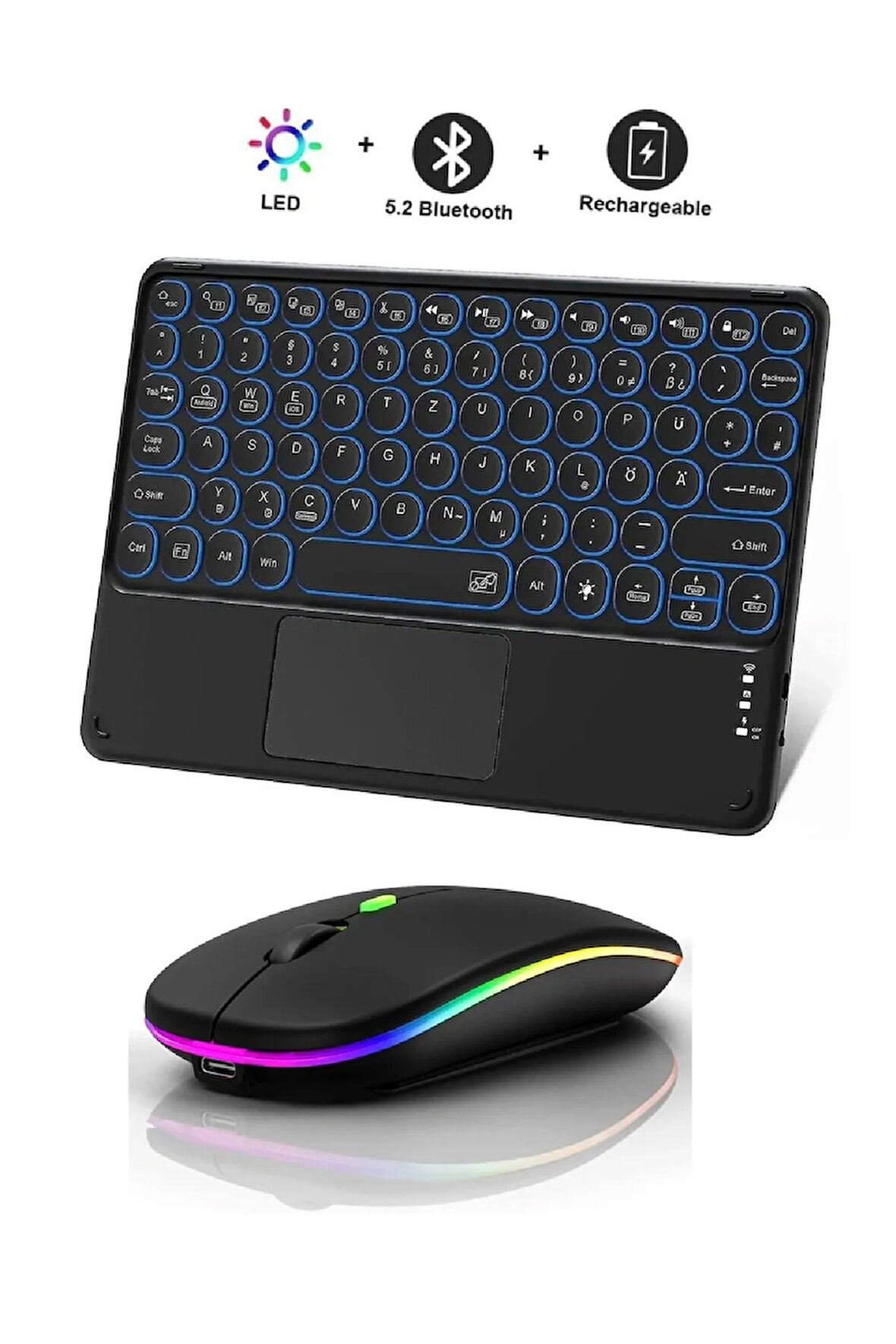 RGB Işıklı Kablosuz Bluetooth Klavye Mouse Seti Şarjlı Ultra Slim Tablet Telefon Windows Uyumlu