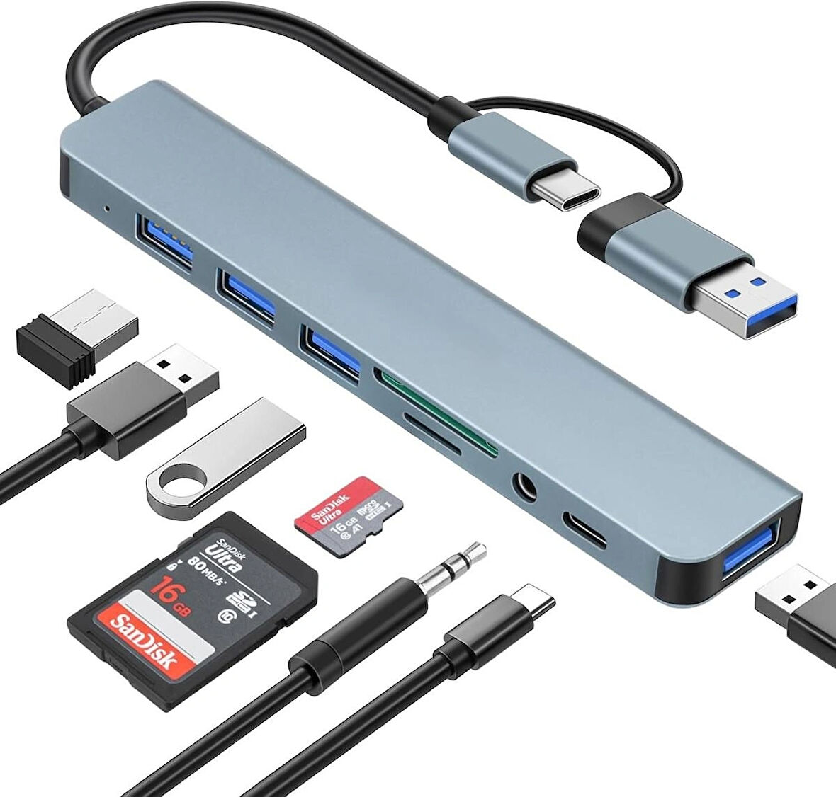 Usb Çoklayıcı 8 İn 1 Usb Type-c Hub Adaptör 4 Usb Port Sd/tf Kart Okuyucu 3.5mm Ses Girişi Çoklayıcı