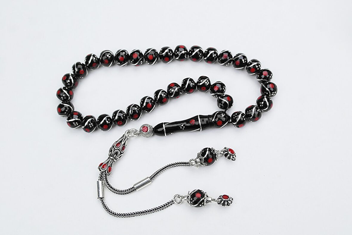 Oltu Taşı Küre Model Üçlü Çeşmi Bülbül  Kırmızı İşlemeli  Bürokrat Boy Tespih