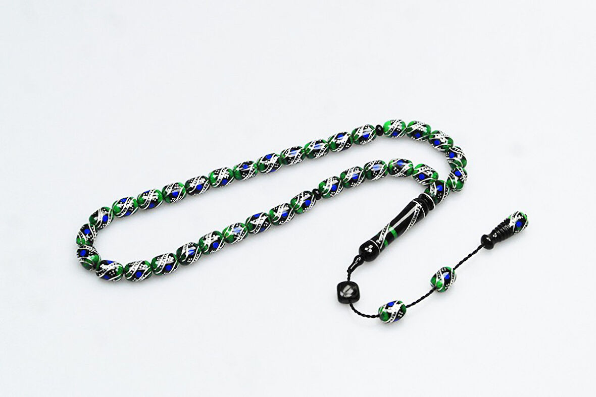 Oltu Taşı ve Yeşil Galalith  Çift Çeşmi İşlemeli Tespih