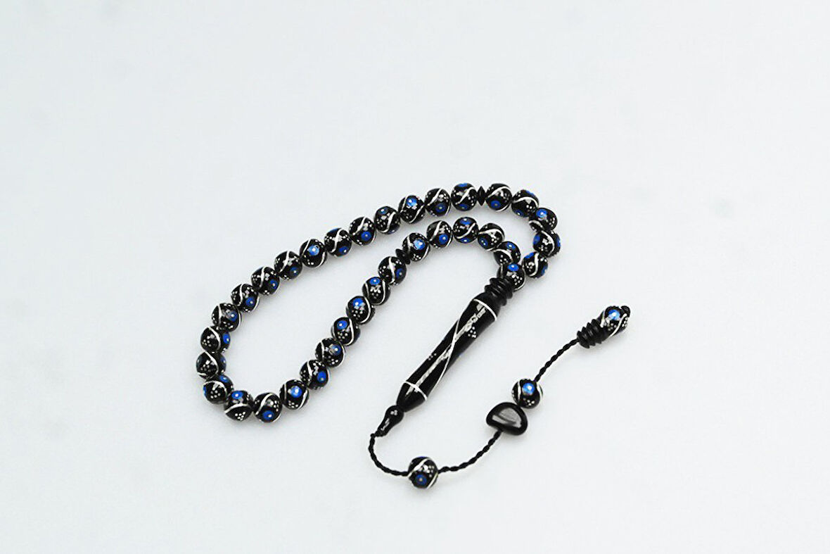 Oltu Taşı Bürokrat Boy Üçlü Çeşmi Bülbül Mavi İşlemeli Tespih