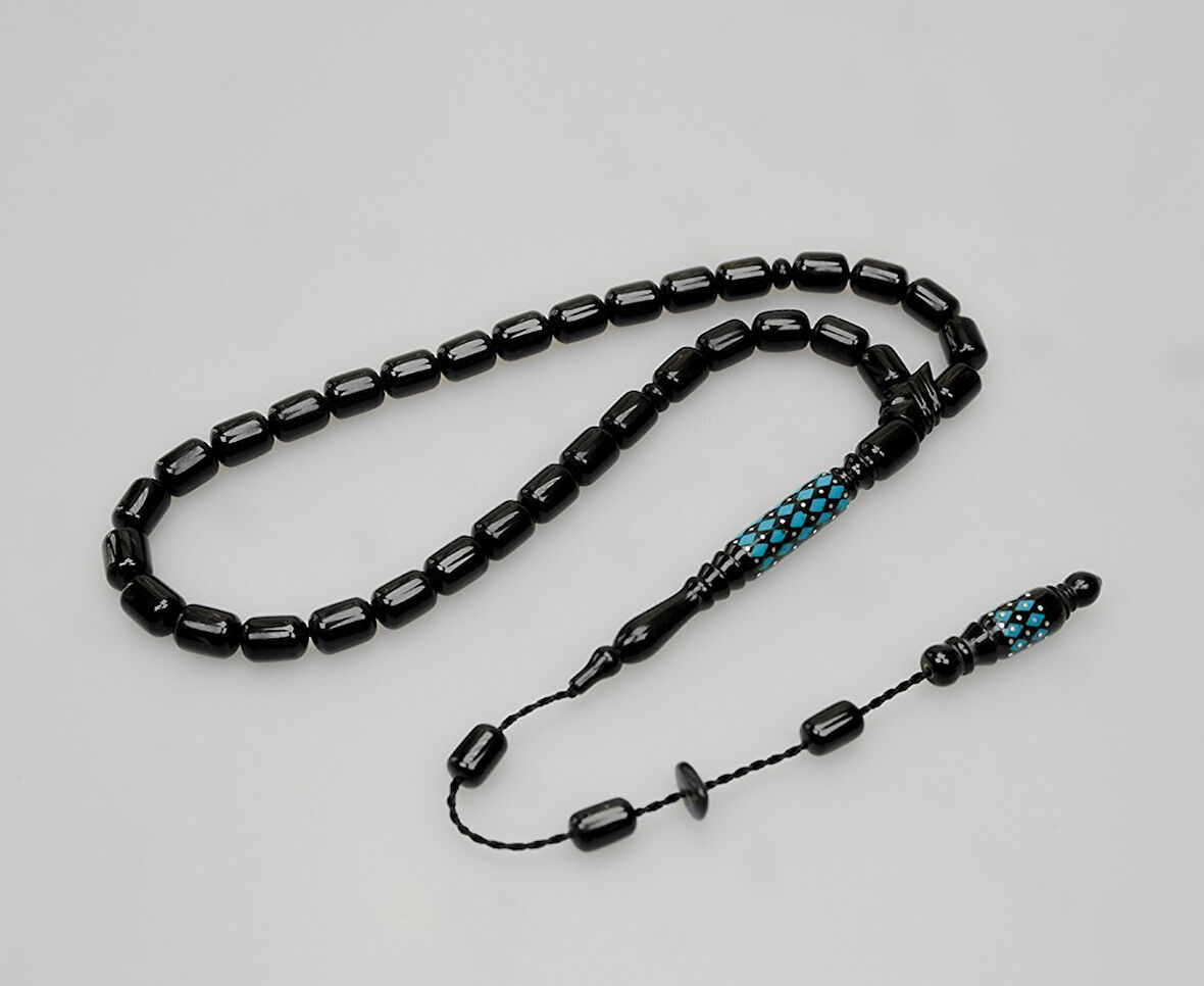 Oltu Taşı Oyma İmame ve Mavi Mine İşleme  Sade Tespih