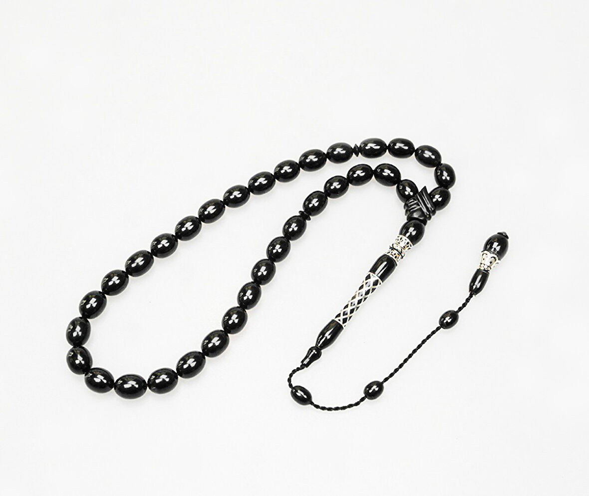 Oltu Taşı Kare Baklava Desenli  İmame Gümüş İşleme Sade Tespih