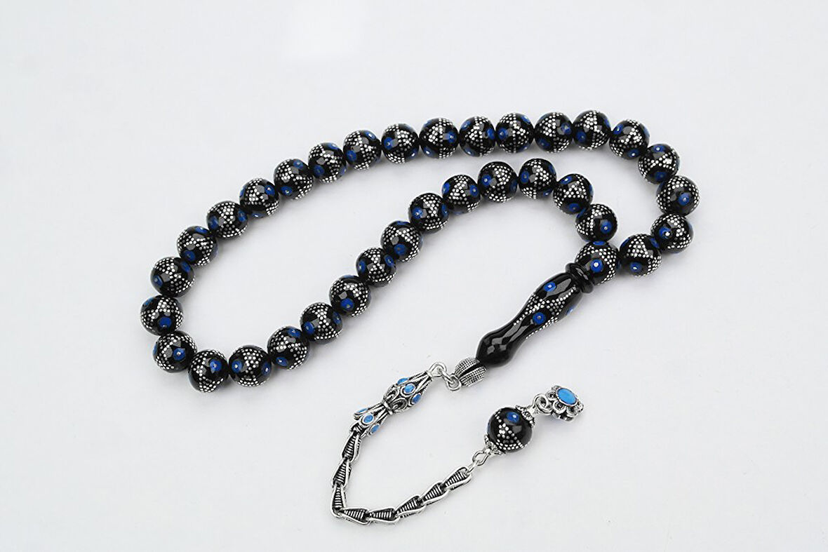 Oltu Taşı Küre Mavi Yıldız İşlemeli Tespih