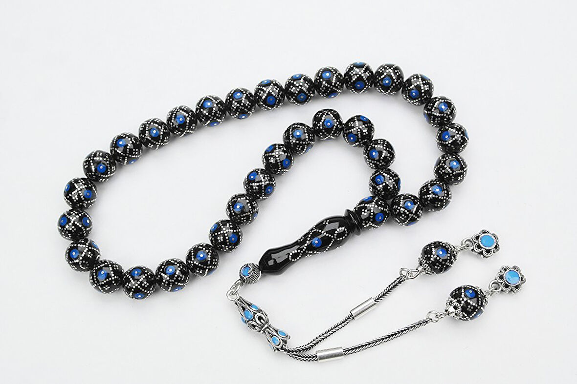 Oltu Taşı Küre Fiyonk Mavi İşlemeli Tespih