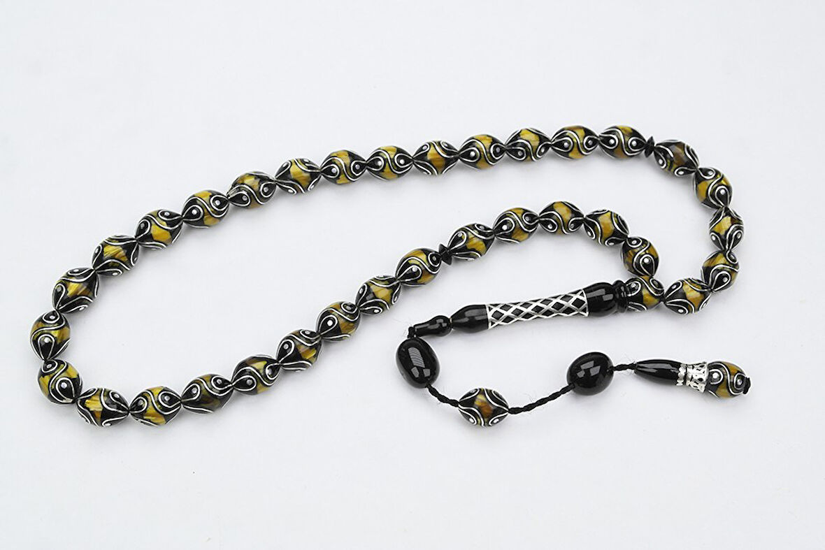 Oltu Taşı ve Sarı Galalith Çeşmi Damla İşleme Tespih