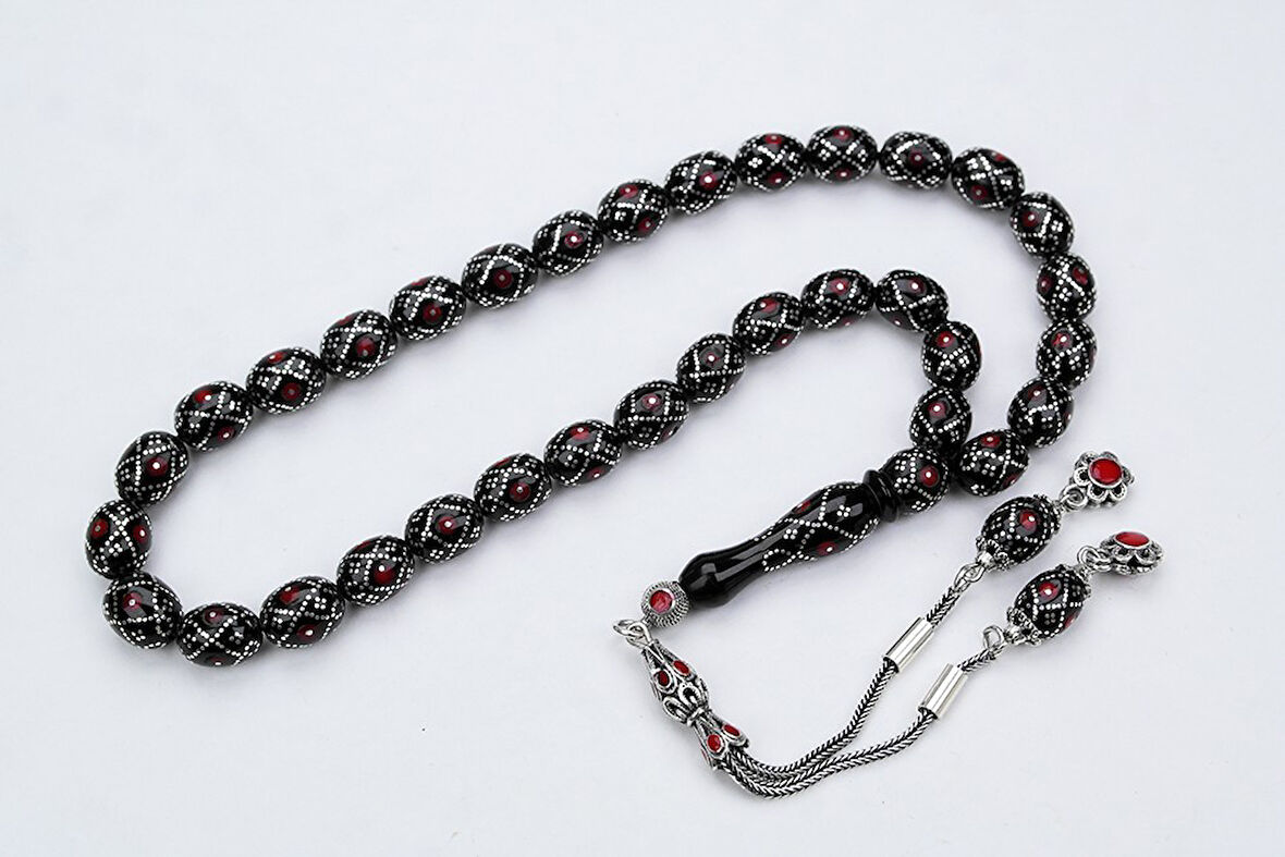 Oltu Taşı  Beyzi Fiyonk Kırmızı İşlemeli Tespih