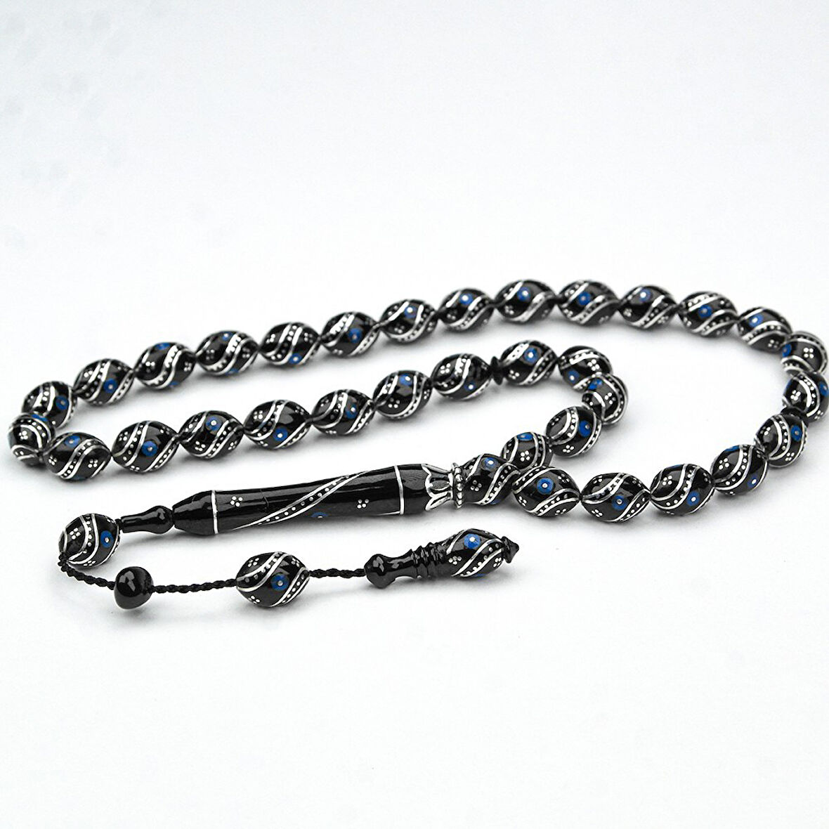 Oltu Taşı Çift Çeşm-i Bülbül  Mavi İşlemeli Tespih