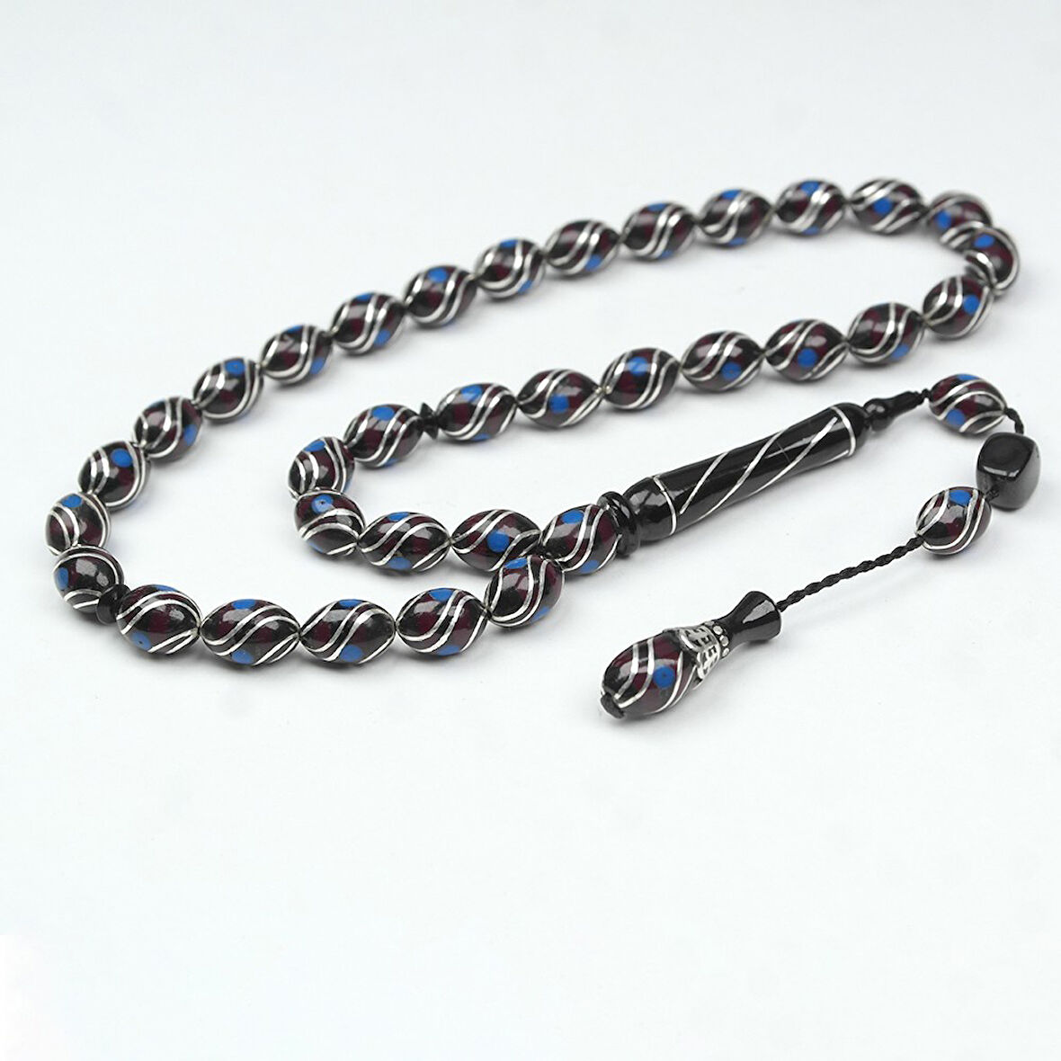 Oltu Taşı ve  Kırmızı Galalith Çift Çeşmi İşlemeli Tespih