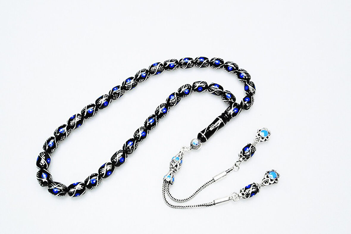 Oltu Taşı Üçlü Çeşmi Mavi İşleme Kapsül Tespih