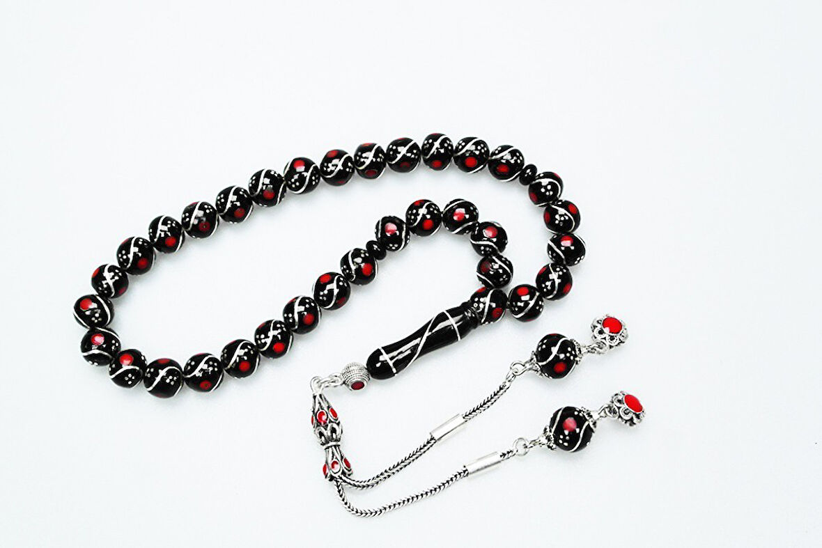 Oltu Taşı Üçlü Çeşmi Bülbül Kırmızı İşlemeli Tespih