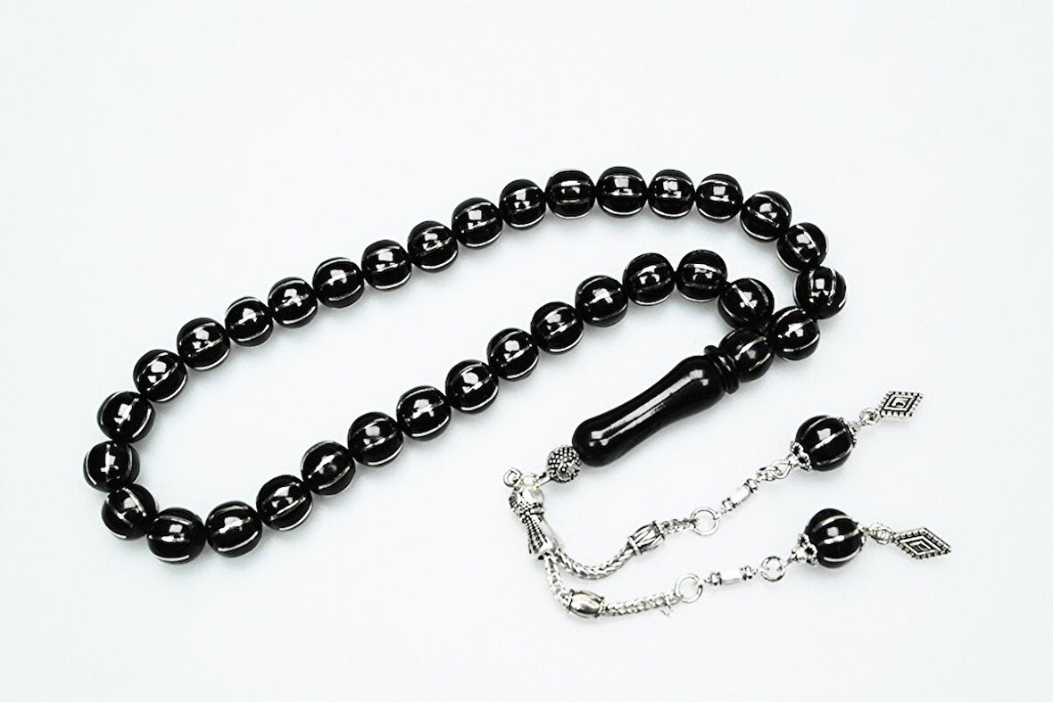 Karpuz Dilimi Sekizli Alpaka İşlemeli Oltu Sıkması Tespih