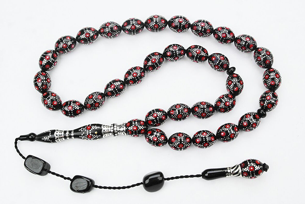 Kırmızı Mine Piramit Yol İşlemeli Oltu Sıkması Tespih