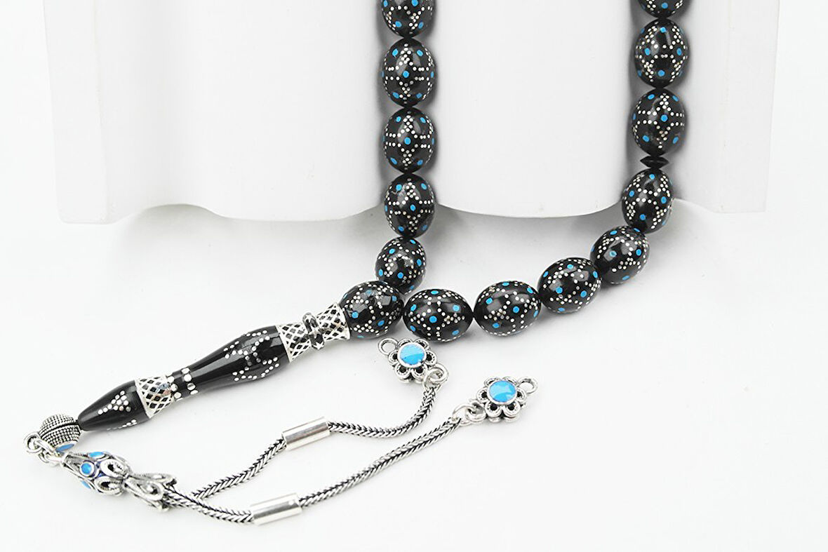 Kule Model Mavi Mine ve Gümüş İşlemeli Oltu Sıkması Tespih