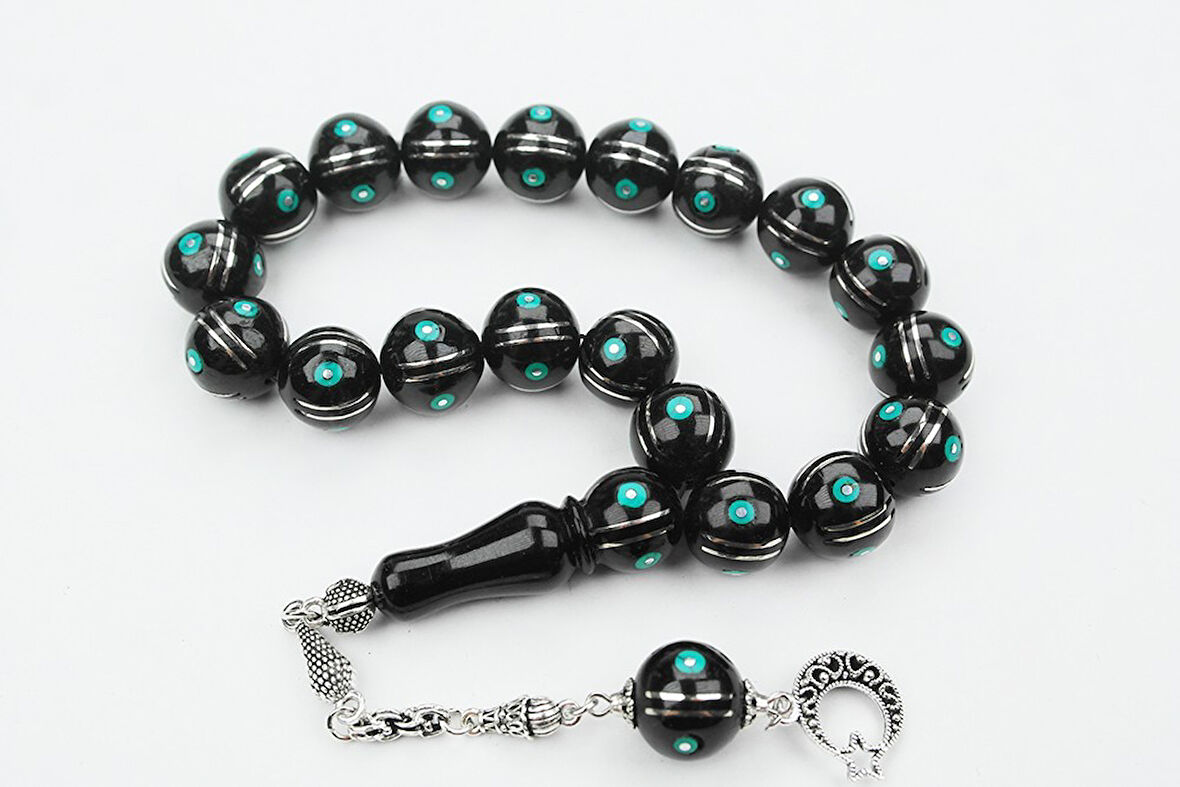 Maskot Yeşil Firuze Karpuz İşlemeli Oltu Sıkma Tespih