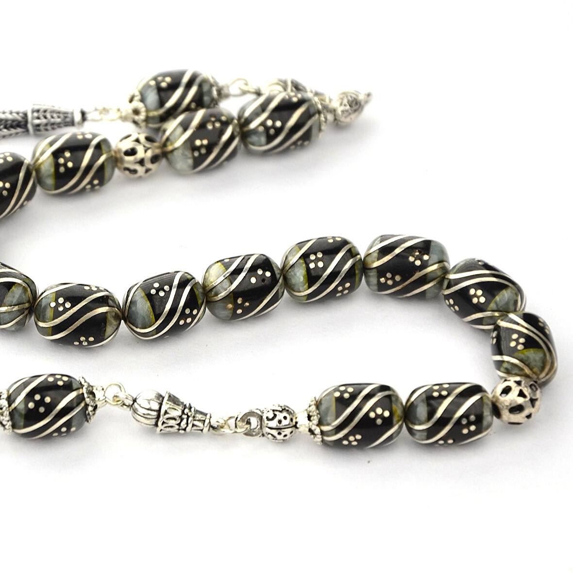 Oltu Taşı ve Galalith Çift Çeşmi Bülbül İşleme Kapsül Kesim Zaza Tespih