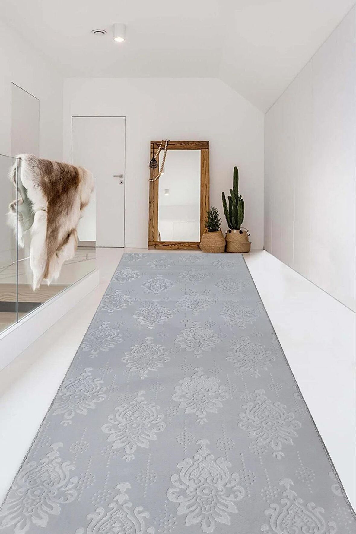 Kaymaz Tabanlı Kesme Kabartmalı Salon Koridor Mutfak Hali Gri Yolluk YMR 9025 Gri