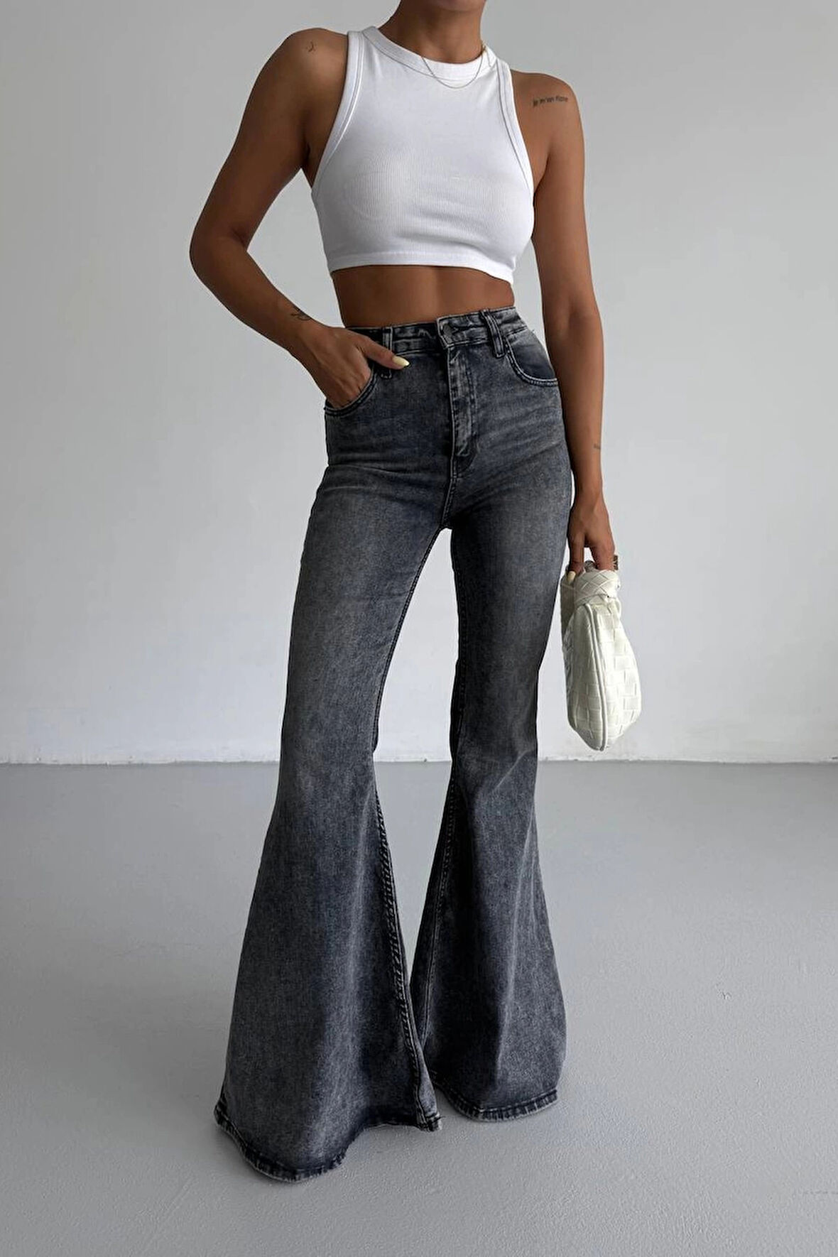 Füme Extra Geniş Paça Yüksek Bel Likralı İspanyol Jeans