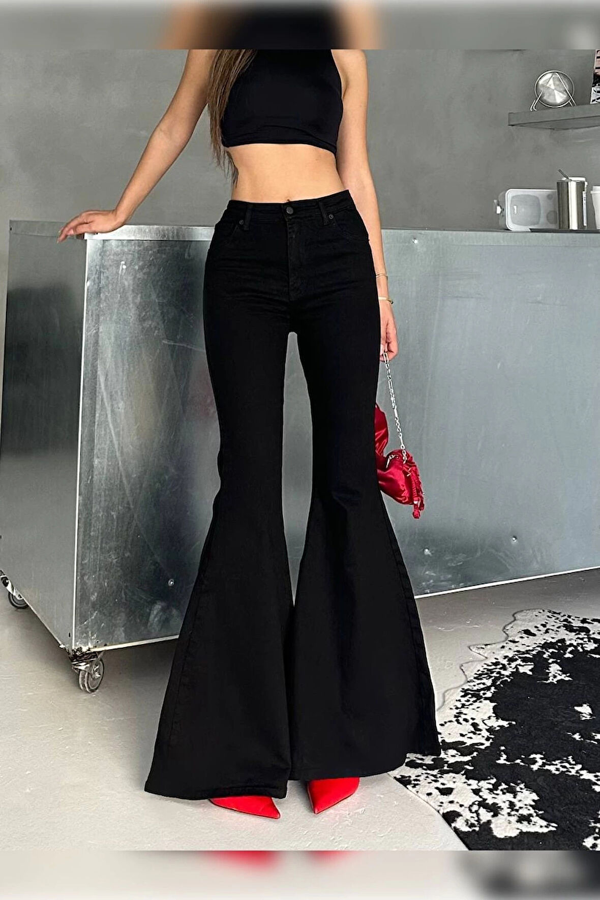 Extra Geniş Paça Yüksek Bel Likralı İspanyol Jeans